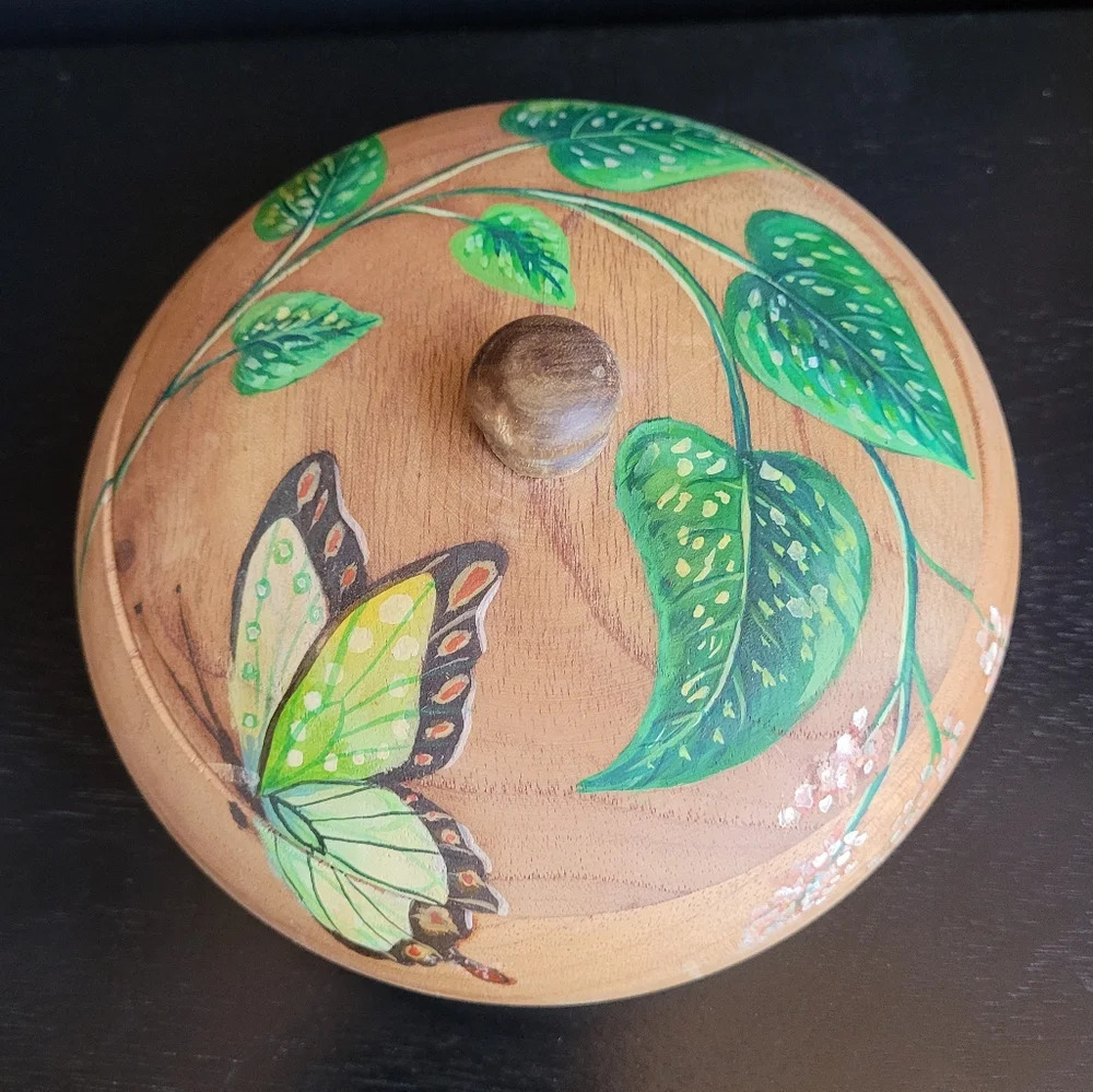Handpainted Wooden Box Butterfly and Vines Natural Wood Greenery Folk Art